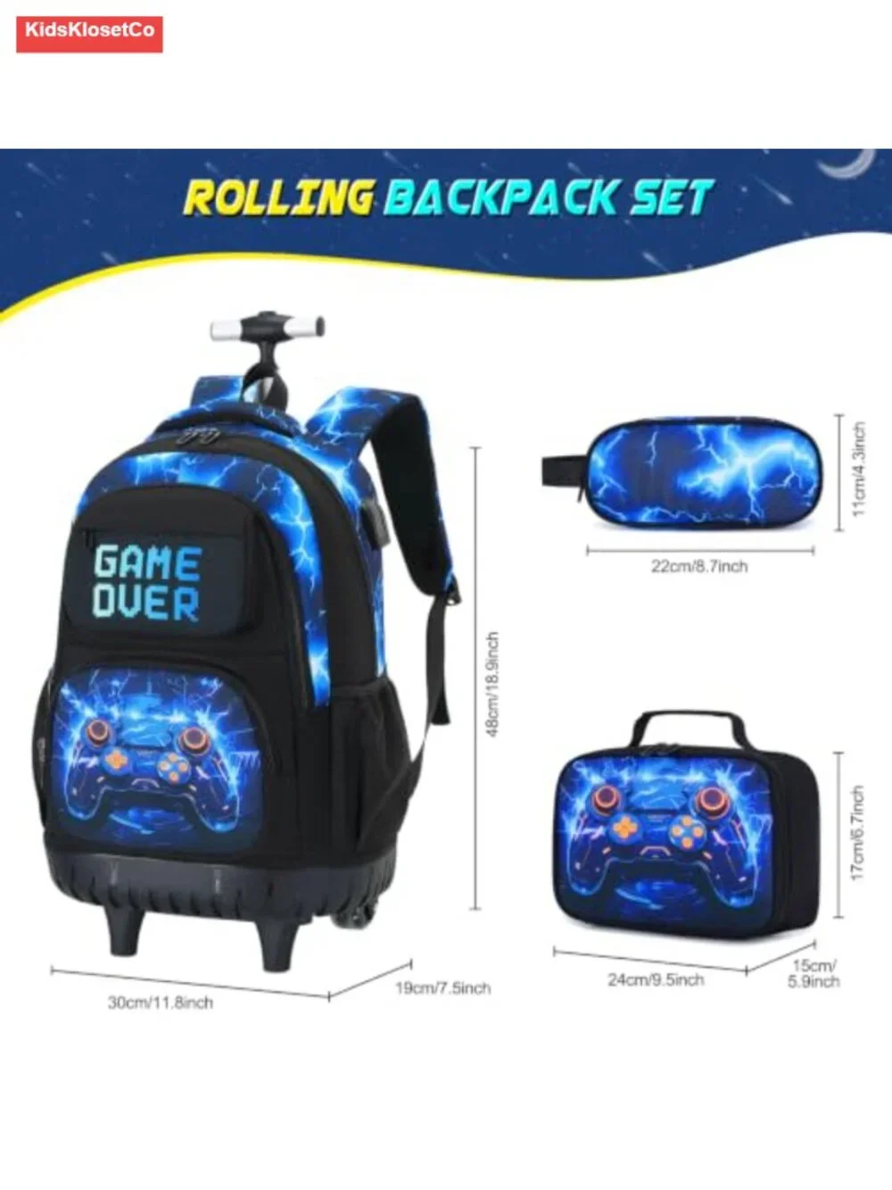 Boys Rolling Backpack with Wheels, Gamer 4-Piece Set Lunch Bag Pencil Case,
